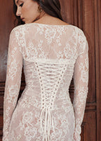Square Neck Ruched Floral Lace Sheer Long Sleeve Maxi Dress