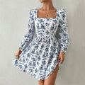 French Square Collar Elegant Dress High Waist Backless Lace up Floral