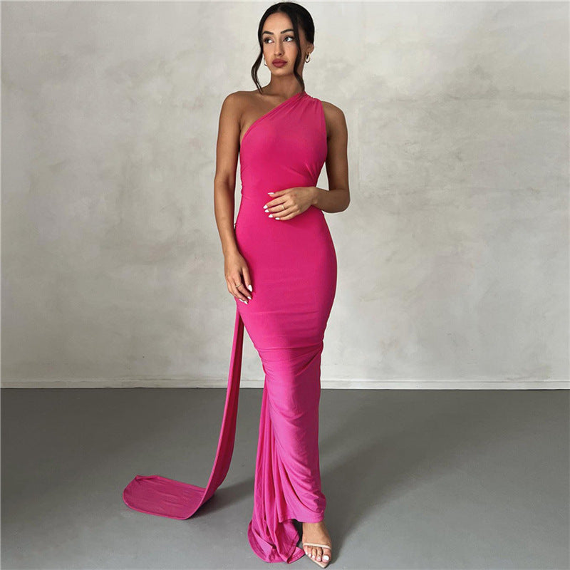 One Shoulder Asymmetric Strap Metal Ring Open Back Ruched Train Maxi Dress