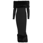Off Shoulder Faux Fur Trim Long Sleeve Bodycon Midi Dress
