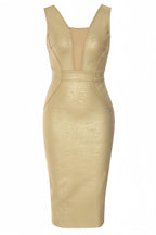Avara Hot Gold Deep V-neck Midi Dress