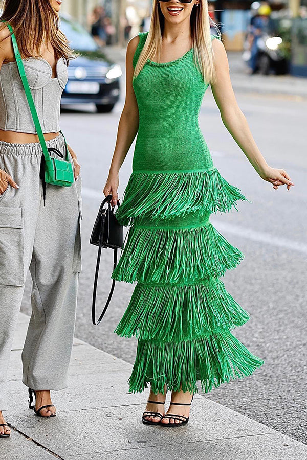 Solid Color Sleeveless Slim Fit Fringed Hem Knitted Midi Dress