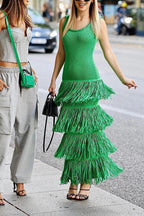 Solid Color Sleeveless Slim Fit Fringed Hem Knitted Midi Dress