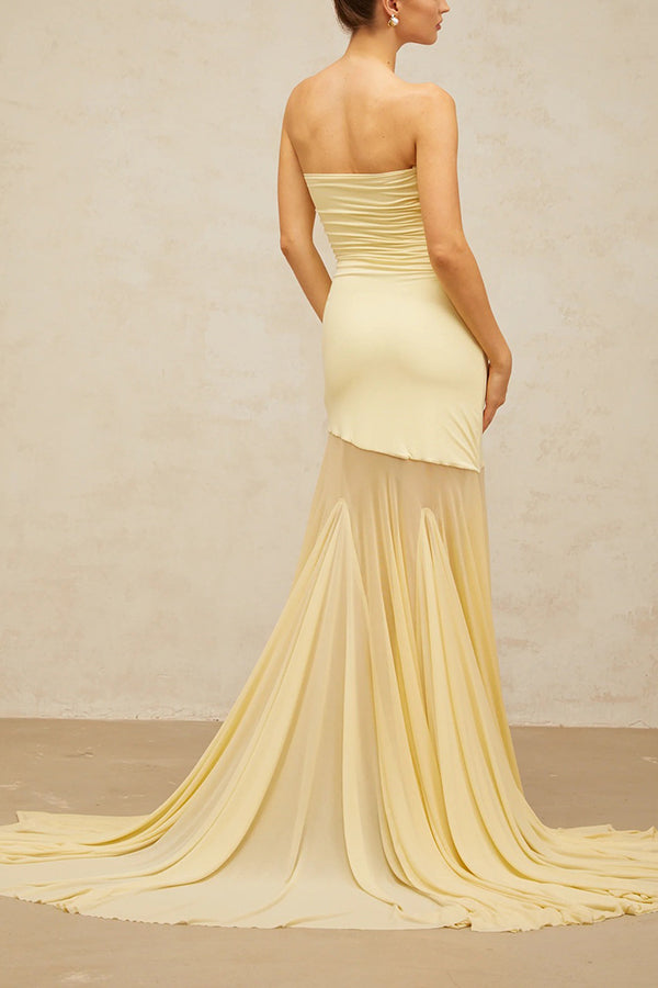 Solid Color Sleeveless Off-shoulder Mesh-paneled Fitted Maxi Dress