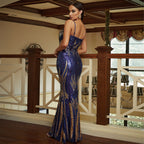 Sequin Embellished Plunging Sweetheart Mesh Side Cutout Mermaid Maxi Gown