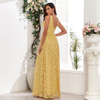 Sleeveless Pattern Lace Double V neck Elegant Evening Dress a Large Swing Back Zipper Full Lining Party Maxi Dress