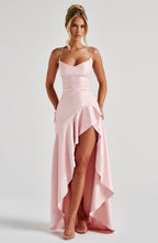 Satin Spaghetti Strap Cowl Neck Ruched High Low Ruffle Maxi Formal Dress