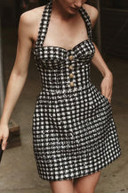 Mila Check Bouclé-tweed Fabric Halter Sweetheart Neck Gold Button Pocketed Mini Dress