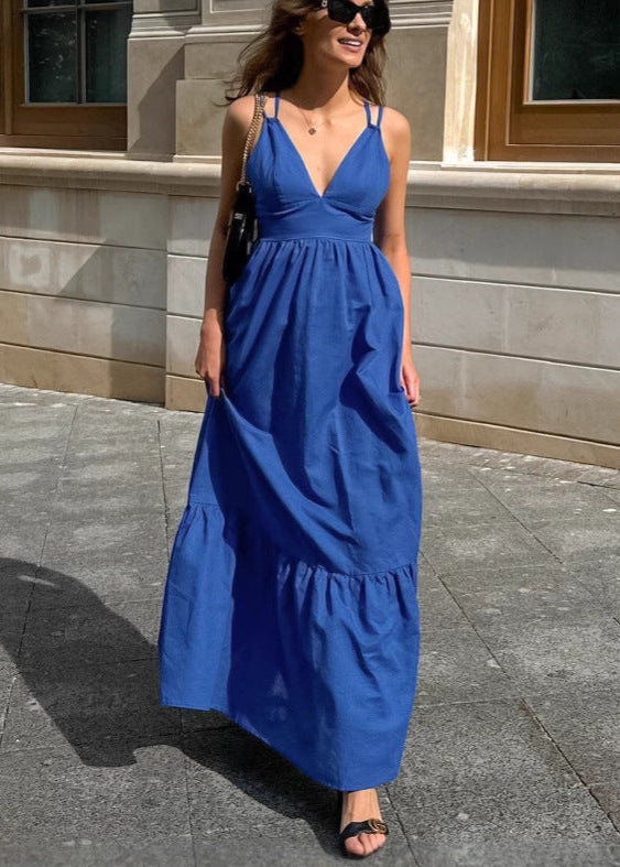 Crinkled Fabric Double Strap Deep V-Neck Tiered Maxi Dress