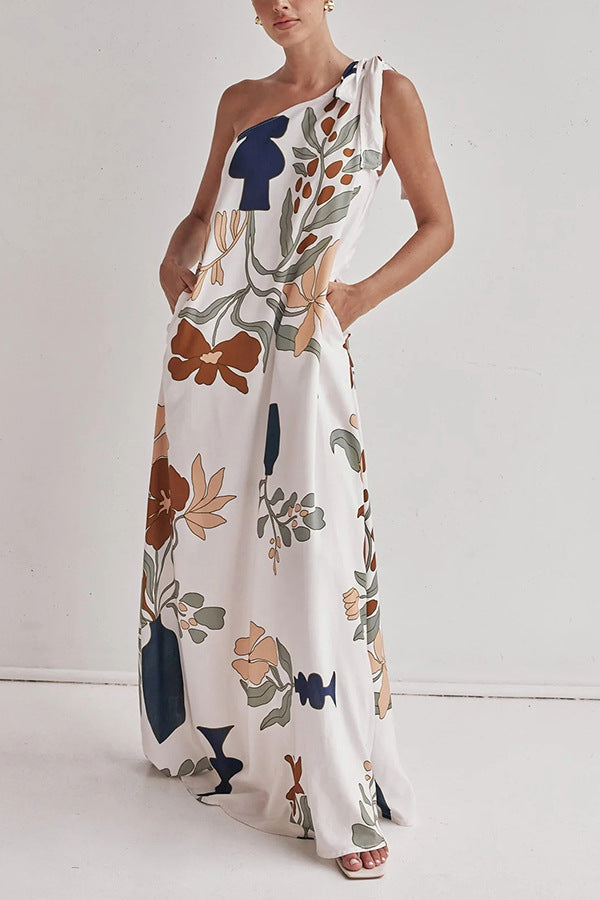 Matches The Vacation Unique Print One Shoulder Tie-up Pocketed Loose Maxi Dress