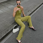 Green Sleeveless Halter Wide Leg Pants Set