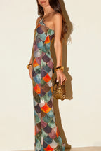 Little Mermaid Colorful Scales Print Halter Maxi Dress