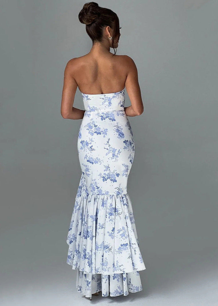 Strapless Floral Print Cascading Ruffle High Low Slit Maxi Dress