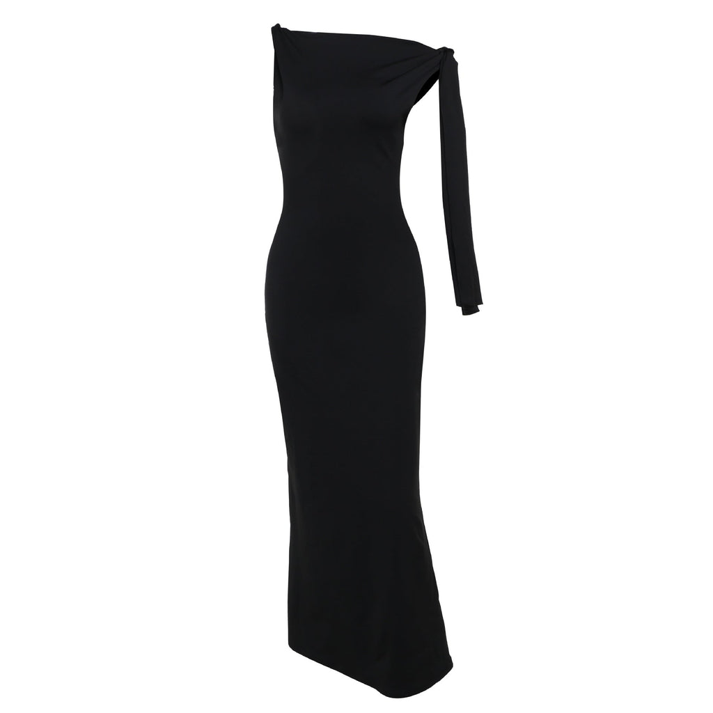 Sleeveless High Neck Asymmetric Drape Sash Column Maxi Gown