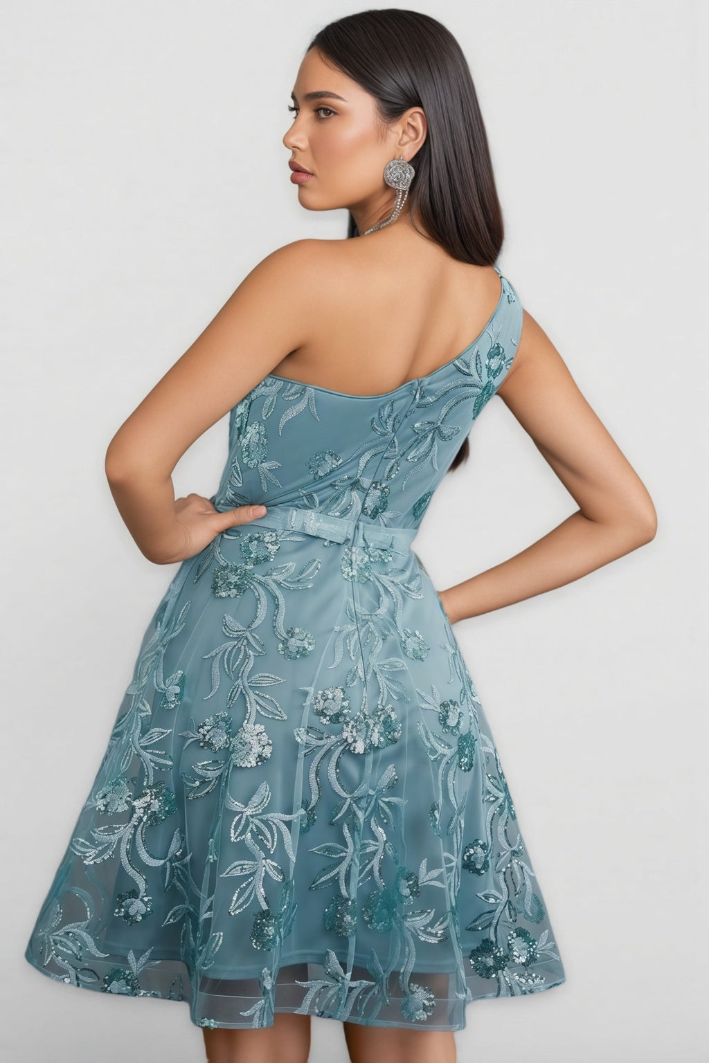 Flinl Green One-Shoulder Mesh Mini Dress