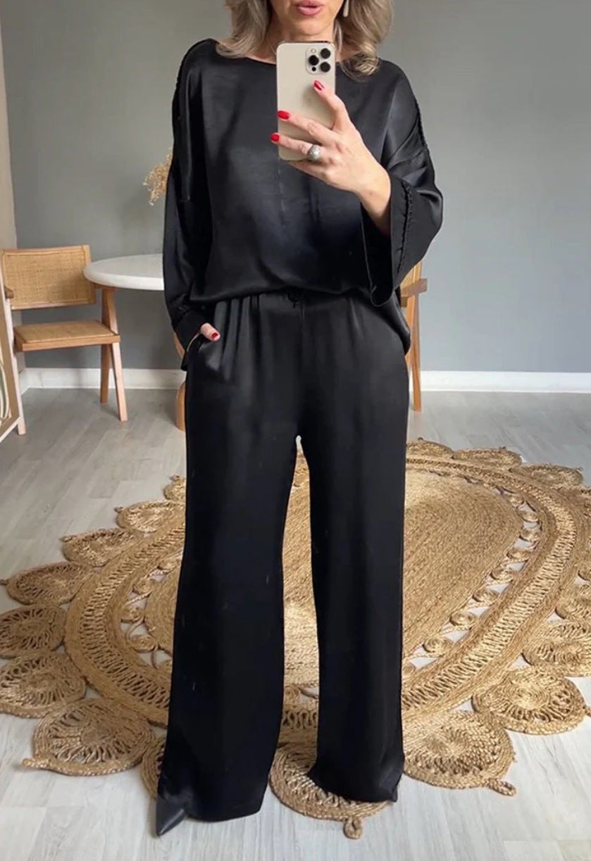 Versatile Satin Casual Long Sleeve Relax Fit Set