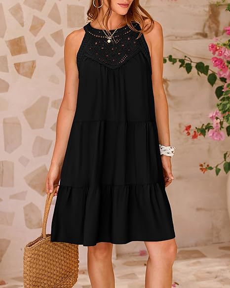 Crochet Lace Yoke Halter Neck Tiered A-Line Mini Dress