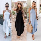 Halter Ring Detail Pocket Sharkbite Hem Jersey Maxi Dress