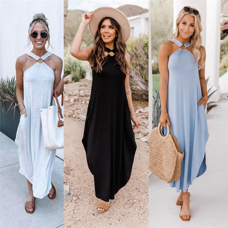 Halter Ring Detail Pocket Sharkbite Hem Jersey Maxi Dress