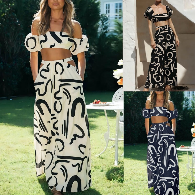 Summer Puff Sleeves Sexy Printed Set