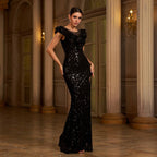 Round neck sequined hip-hugging slit evening dress