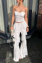 Fashionable Ruffled Elastic Waist Holiday Style Flared Pants