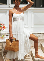 Spaghetti Strap Sweetheart Tie Front Lace Inset Tiered Trim Maxi Dress