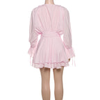 Solid Color Long Sleeve V-Neck Lace-Up Elegant Flower Decorated Mini Dress