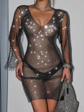 Deep V-Neck Rhinestone Mesh Sheer Bell Sleeve Mini Dress