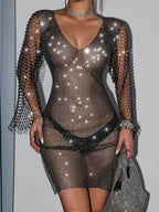 Deep V-Neck Rhinestone Mesh Sheer Bell Sleeve Mini Dress
