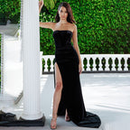 Strapless Corset Boned Velvet Thigh Slit Floor Length Gown