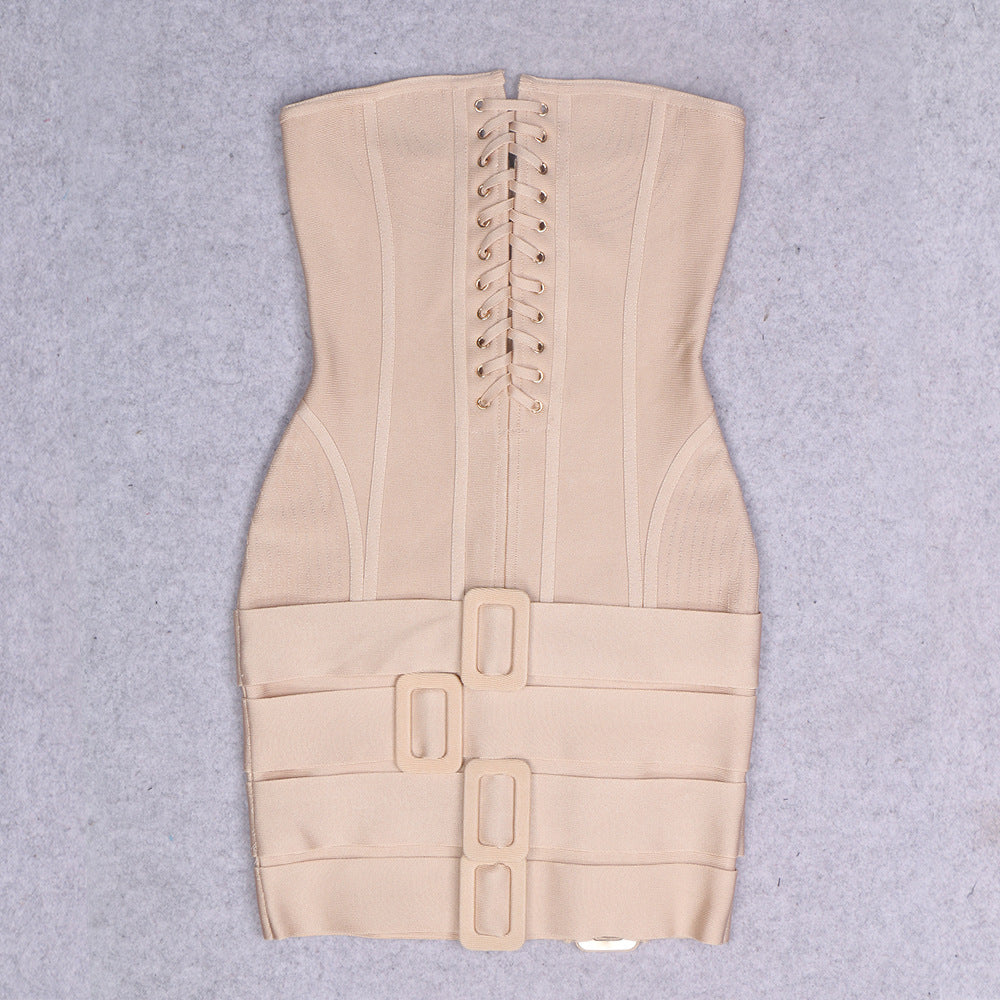 Corset Lace Up Strapless Top Buckle Strap Mini Skirt Two Piece Set