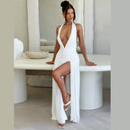 Halter Deep V Ruched Waist Pleated Slit Maxi Dress