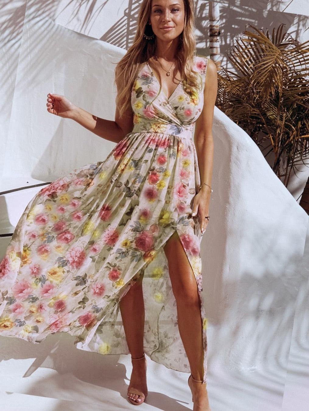 Floral Print Surplice Neck Sleeveless Chiffon Side Slit Maxi Dress