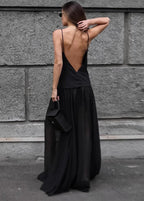 Spaghetti Strap Cami Bodice Pleated Flowy Column Maxi Dress