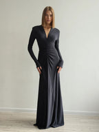 Deep V-Neck Ruched Long Sleeve Floor Length Maxi Dress