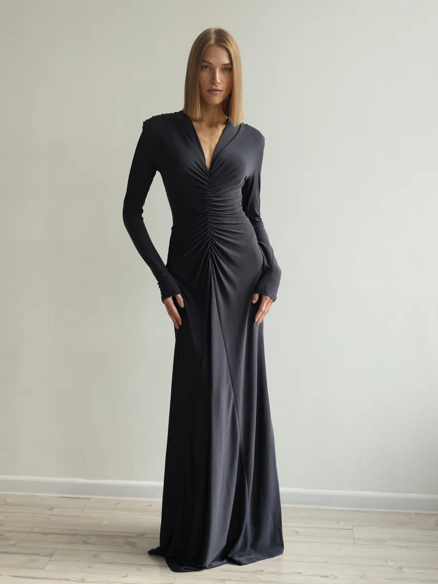 Deep V-Neck Ruched Long Sleeve Floor Length Maxi Dress