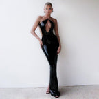 Sequin Halter Neck Cross Strap Keyhole Cut Out Side Waist Bodycon Maxi Gown
