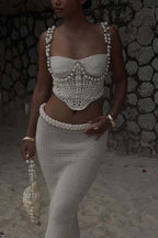 Mirina Hollow Crochet Knit Pearl Trim Heart Collar Crop Vacation Tank