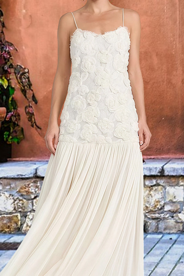 Indulge in Floral Applique Pleated Chiffon Hem Slip Maxi Dress