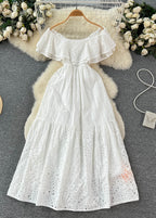 Eyelet Lace Off Shoulder Smocked Tiered Ruffle Maxi Dress