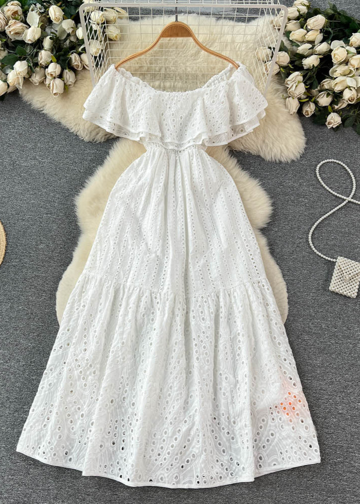 Eyelet Lace Off Shoulder Smocked Tiered Ruffle Maxi Dress
