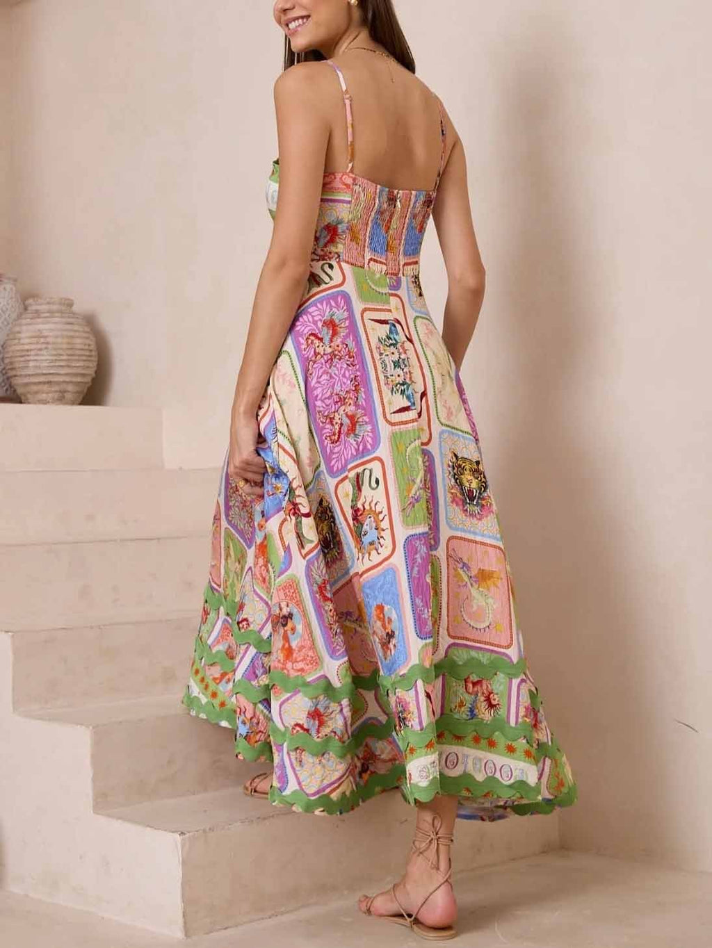Tarot Panel Print Spaghetti Strap Square Neck Maxi Dress