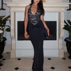 Lace Halter Plunging V-Neck Ruched Waist Column Maxi Gown