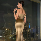 Satin Off Shoulder Ruched Side Slit Bodycon Maxi Gown
