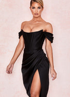 Off Shoulder Corset Bodice Draped Wrap High Slit Midi Dress