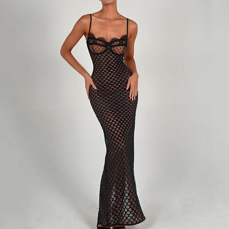 Lace Overlay Sweetheart Spaghetti Strap Bodycon Maxi Dress