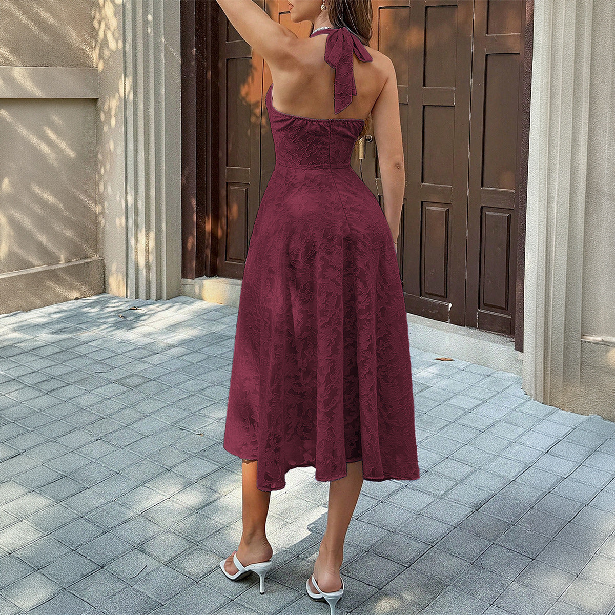 Halter Plunging V-Neck Textured Floral Jacquard Fit and Flare Midi Dress