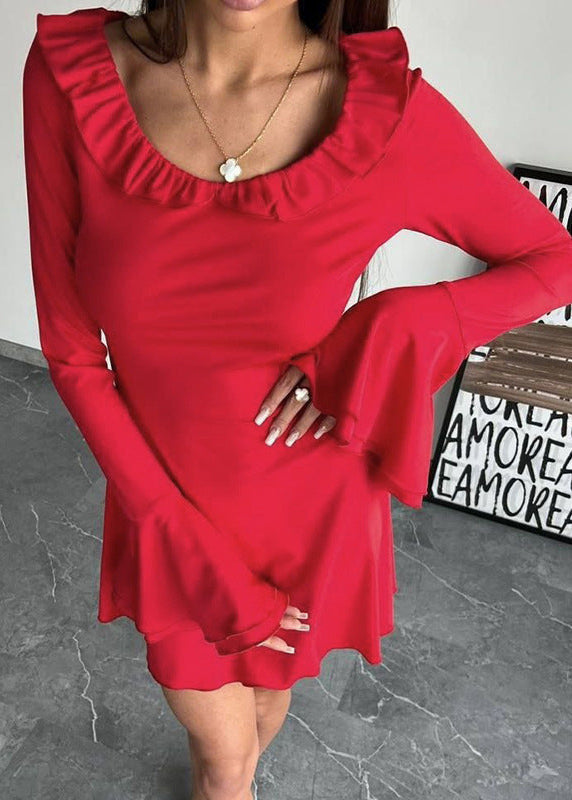 Off Shoulder Ruffle Trim Bell Sleeve Fit and Flare Mini Dress