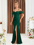 Off Shoulder Spaghetti Straps Evening Dress Slit Gown